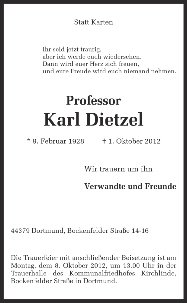  Traueranzeige für Karl Dietzel vom 06.10.2012 aus Ruhr Nachrichten