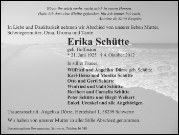 Traueranzeige von Erika Schütte von Ruhr Nachrichten