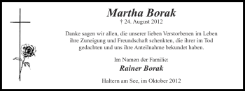 Traueranzeige von Martha Borak von Ruhr Nachrichten und Halterner Zeitung