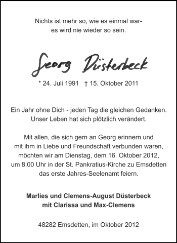 Traueranzeige von Georg Düsterbeck von Münstersche Zeitung und Emsdettener Volkszeitung