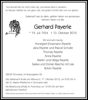 Traueranzeige von Gerhard Payerle von Ruhr Nachrichten