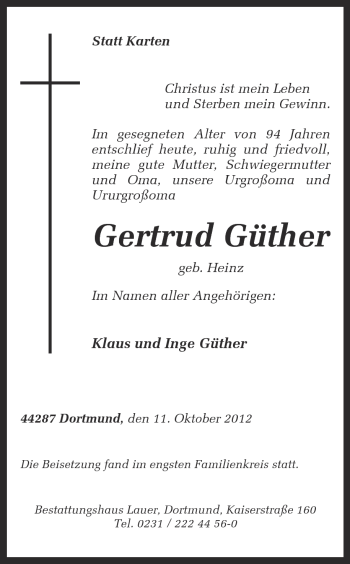 Traueranzeige von Gertrud Güther von Ruhr Nachrichten
