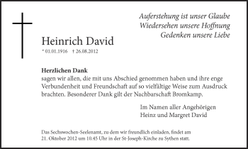 Traueranzeige von Heinrich David von Ruhr Nachrichten und Halterner Zeitung