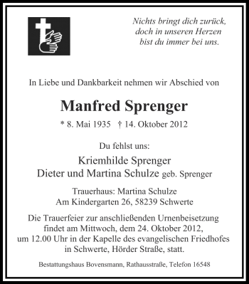 Traueranzeige von Manfred Sprenger von Ruhr Nachrichten