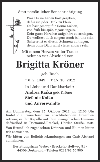 Traueranzeige von Brigitta Kröner von Ruhr Nachrichten