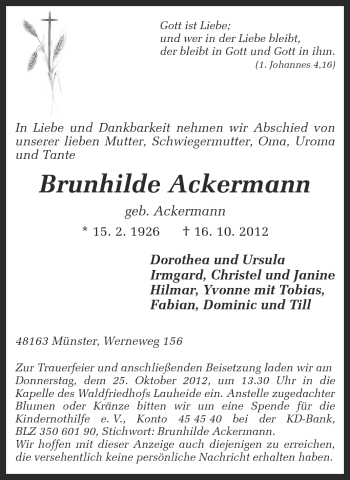 Traueranzeige von Brunhilde Ackermann von Münstersche Zeitung und Grevener Zeitung