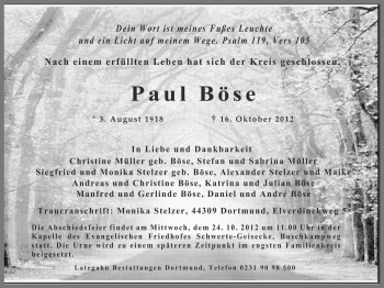 Traueranzeige von Paul Böse von Ruhr Nachrichten