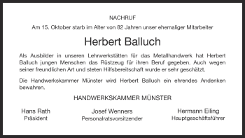 Traueranzeige von Herbert Balluch von Münstersche Zeitung und Grevener Zeitung