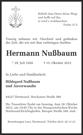Traueranzeige von Hermann Nußbaum von Ruhr Nachrichten
