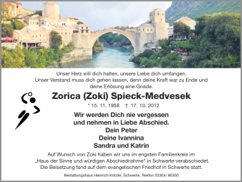 Traueranzeige von Zorica Spieck-Medvesek von Ruhr Nachrichten