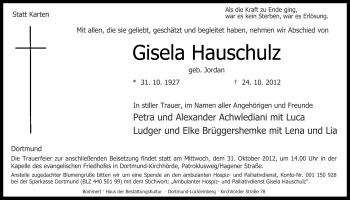 Traueranzeige von Gisela Hauschulz von Ruhr Nachrichten