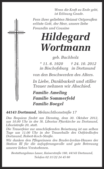 Traueranzeige von Hildegard Wortmann von Ruhr Nachrichten