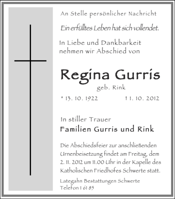 Traueranzeige von Regina Gurris von Ruhr Nachrichten