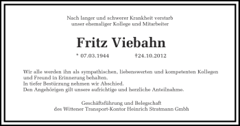 Traueranzeige von Fritz Viebahn von Ruhr Nachrichten