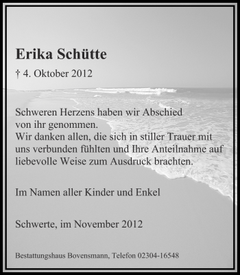 Traueranzeige von Erika Schütte von Ruhr Nachrichten