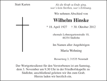 Traueranzeige von Wilhelm Hinske von Münstersche Zeitung und Münsterland Zeitung