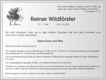 Traueranzeige von Reiner Wildförster von Ruhr Nachrichten