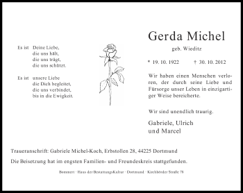 Traueranzeige von Gerda Michel von Ruhr Nachrichten