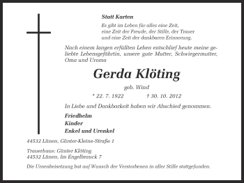 Traueranzeige von Gerda Klöting von Ruhr Nachrichten