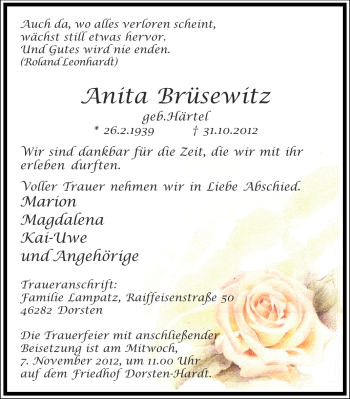 Traueranzeige von Anita Brüsewitz von Ruhr Nachrichten und Dorstener Zeitung
