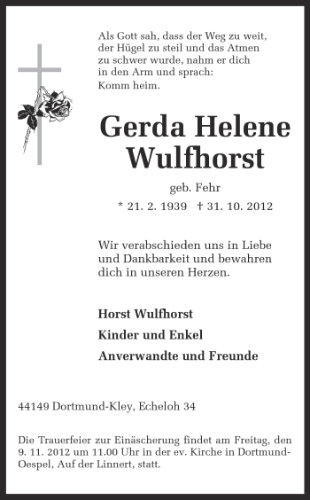 Traueranzeige von Gerda Helene Wulfhorst von Ruhr Nachrichten