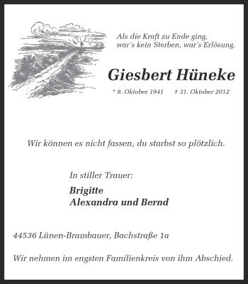 Traueranzeige von Giesbert Hüneke von Ruhr Nachrichten