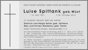 Traueranzeige von Luise Spittank von Ruhr Nachrichten