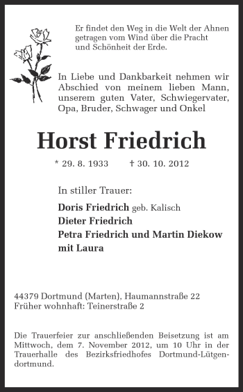 Traueranzeige von Horst Friedrich von Ruhr Nachrichten