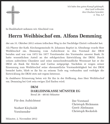 Traueranzeige von Alfons Demming von Münstersche Zeitung, Emsdettener Volkszeitung, Grevener Zeitung und Münsterland Zeitung