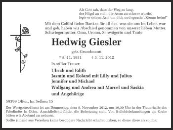 Traueranzeige von Hedwig Giesler von Ruhr Nachrichten