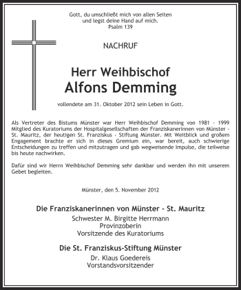 Traueranzeige von Alfons Demming von Münstersche Zeitung und Grevener Zeitung