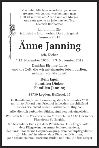 Traueranzeige von Änne Janning von Münstersche Zeitung und Münsterland Zeitung
