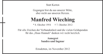 Traueranzeige von Manfred Wieching von Münstersche Zeitung und Emsdettener Volkszeitung