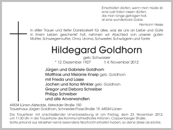 Traueranzeige von Hildegard Goldhorn von Ruhr Nachrichten