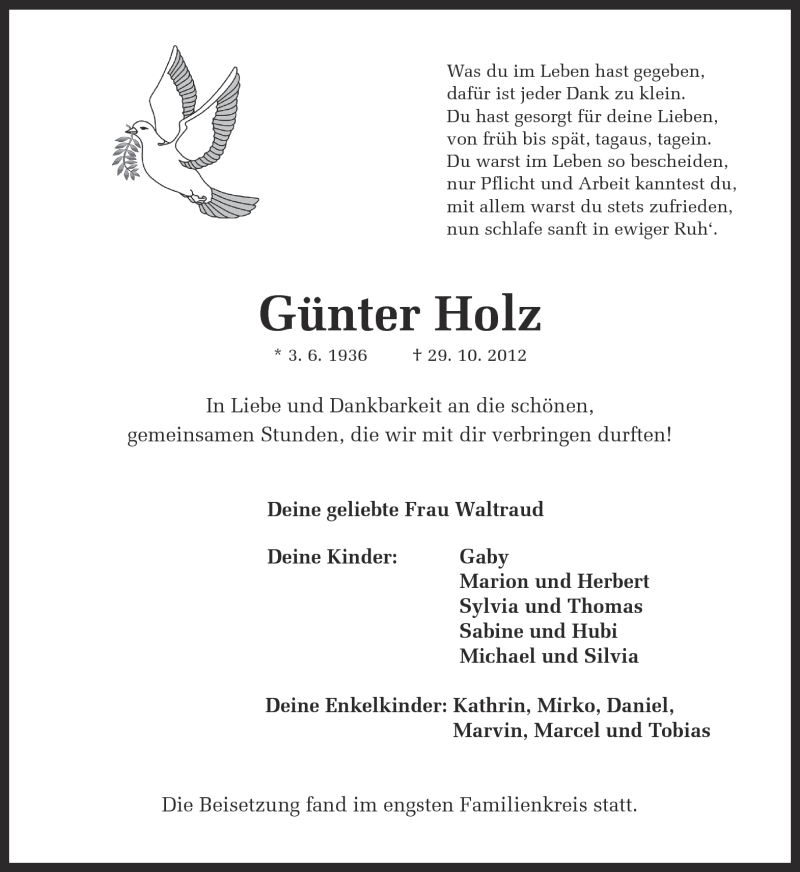  Traueranzeige für Günter Holz vom 08.11.2012 aus Ruhr Nachrichten