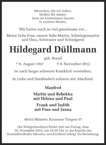 Traueranzeige von Hildegard Düllmann von Münstersche Zeitung und Grevener Zeitung