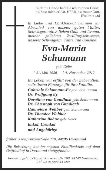 Traueranzeige von Eva-Maria Schumann von Ruhr Nachrichten