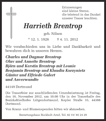 Traueranzeige von Harrieth Brentrop von Ruhr Nachrichten