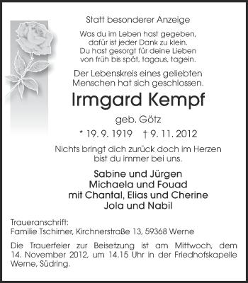 Traueranzeige von Irmgard Kempf von Ruhr Nachrichten