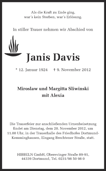 Traueranzeige von Janis Davis von Ruhr Nachrichten