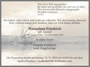 Traueranzeige von Hannelore Friedrich von Ruhr Nachrichten und Dorstener Zeitung