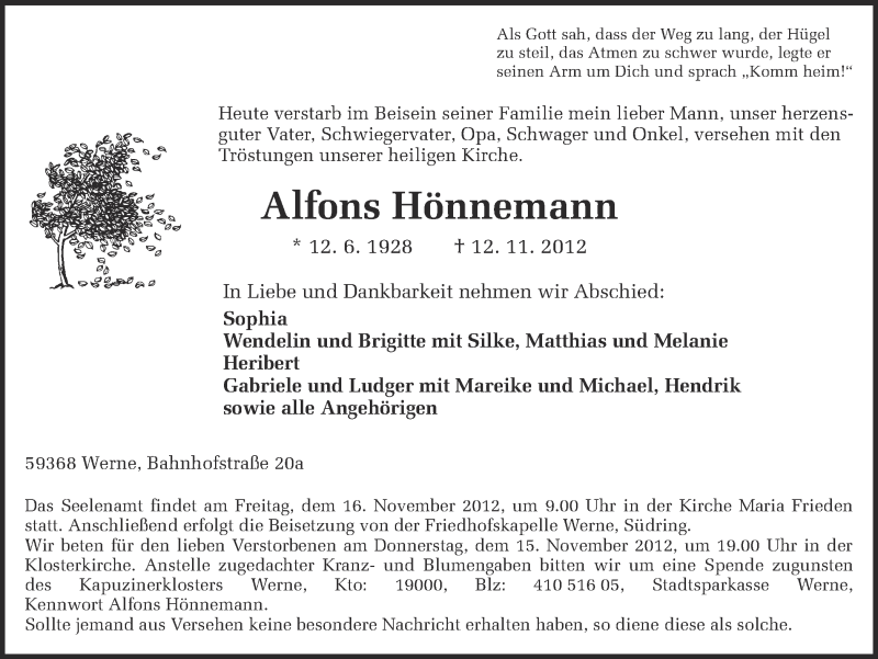  Traueranzeige für Alfons Hönnemann vom 14.11.2012 aus Ruhr Nachrichten