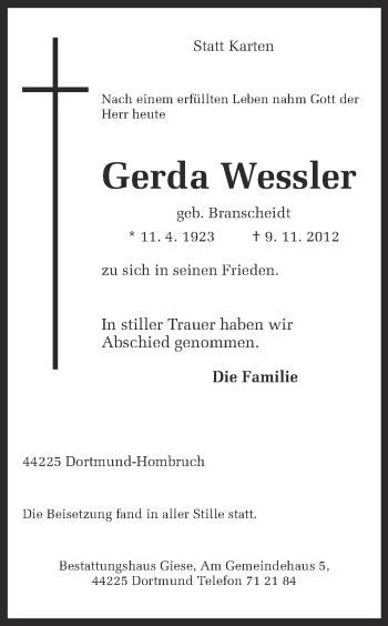 Traueranzeige von Gerda Wessler von Ruhr Nachrichten