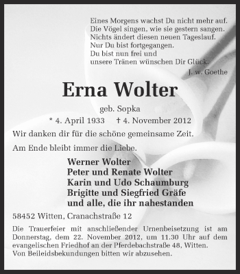 Traueranzeige von Erna Wolter von Ruhr Nachrichten
