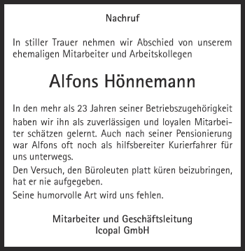 Traueranzeige von Alfons Hönnemann von Ruhr Nachrichten