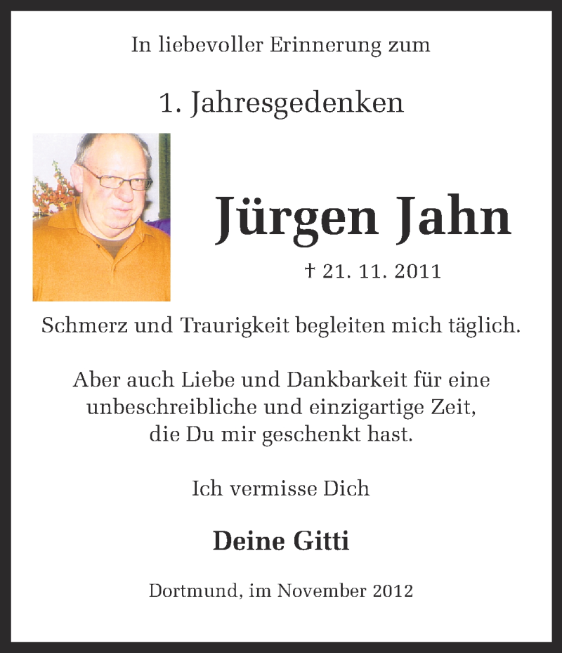  Traueranzeige für Jürgen Jahn vom 21.11.2012 aus Ruhr Nachrichten