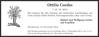 Traueranzeige von Ottilie Cordes von Ruhr Nachrichten