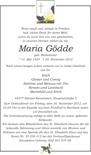 Traueranzeige von Maria Gödde von Münstersche Zeitung und Grevener Zeitung