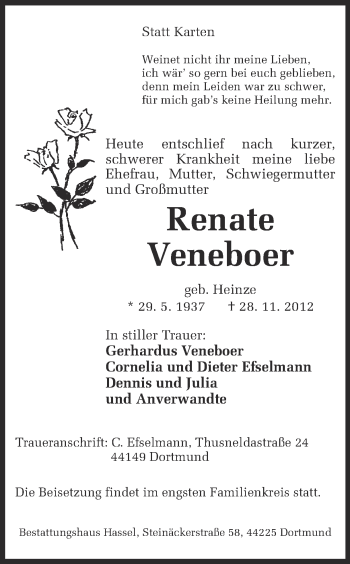 Traueranzeige von Renate Veneboer von Ruhr Nachrichten