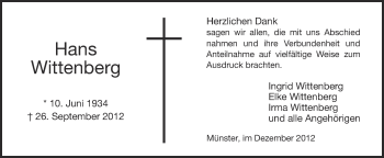 Traueranzeige von Hans Wittenberg von Münstersche Zeitung und Grevener Zeitung